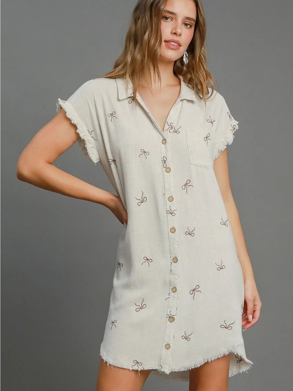 C4216 Button-Front Short Sleeve Shirt Dress in Cream with Brown Bow Embroidery